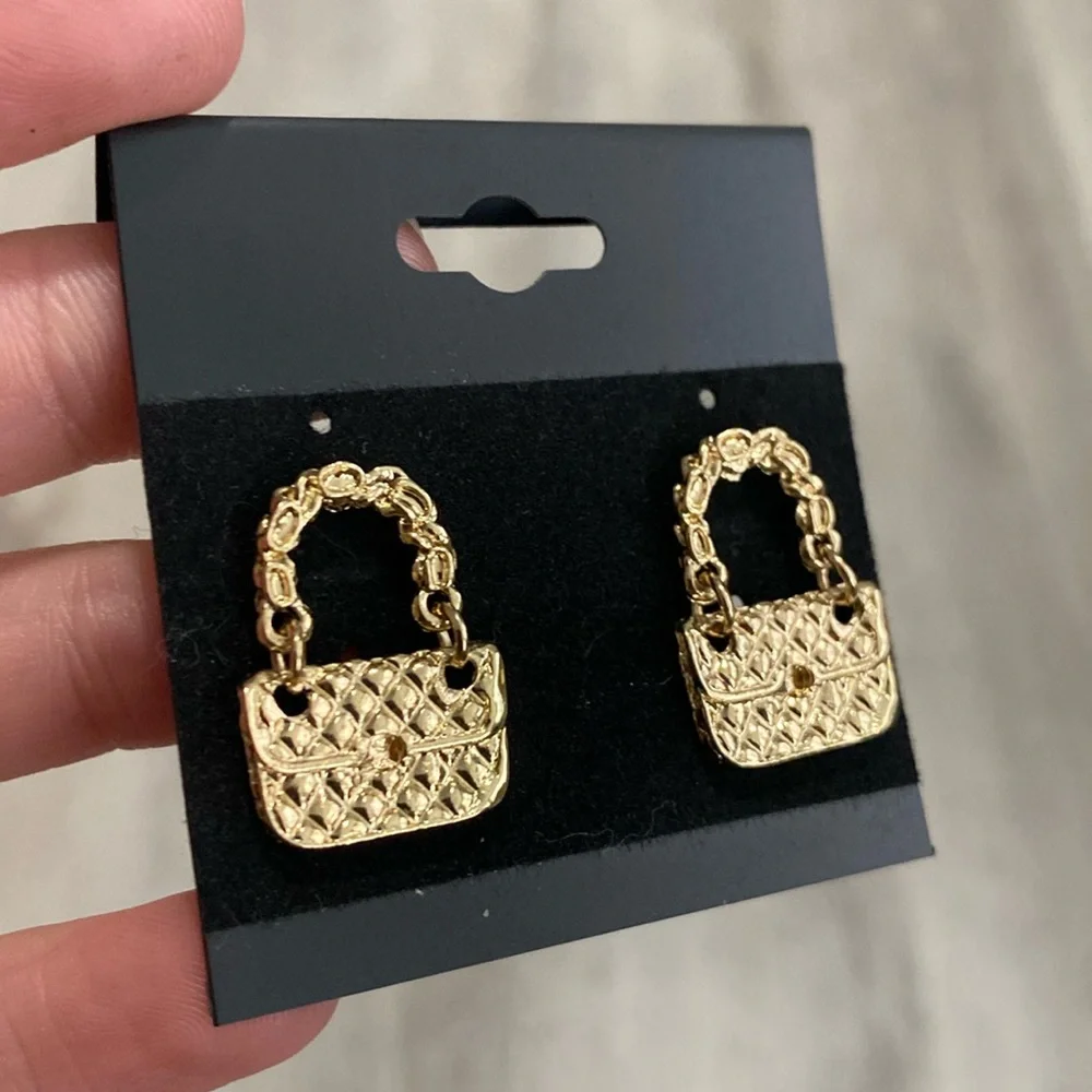 Gold Toned Purse Dangle Earrings